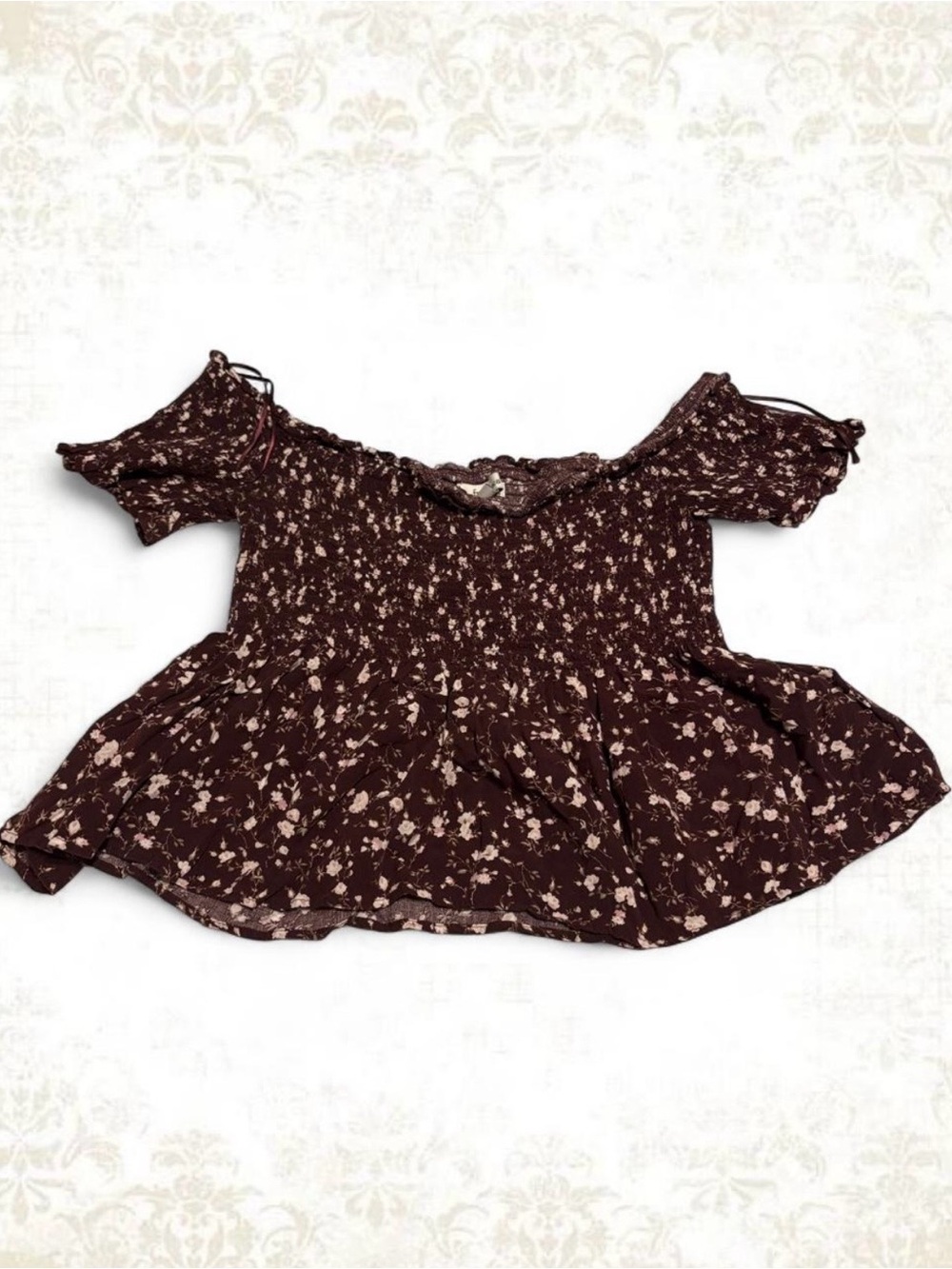 Women's Off-Shoulder Floral Peasant Top - Brown/Purple